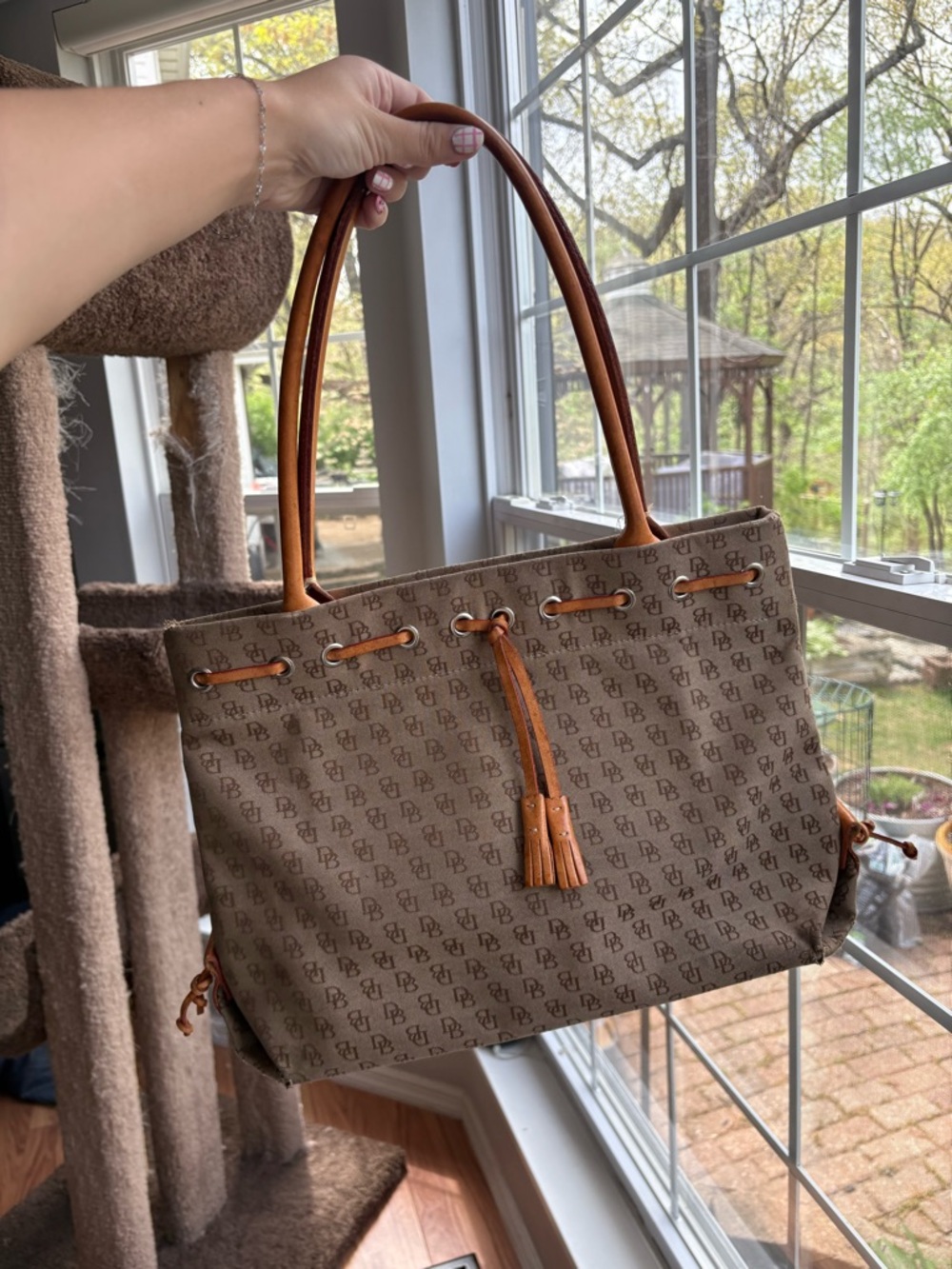 Vintage Dooney & Bourke Brown Monogram Tassel Tote Bag with Tan Leather Trim